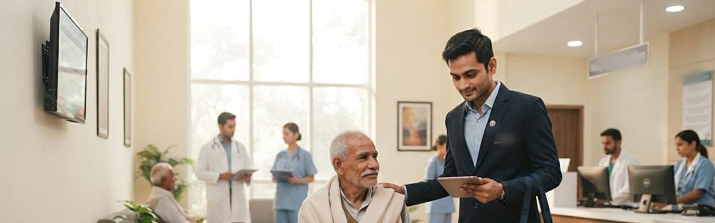 হাসপাতালের অপেক্ষা কক্ষে একজন গাইড বসে থাকা একজন বয়স্ক রোগীর পাশে দাঁড়িয়ে নোট নিচ্ছেন
